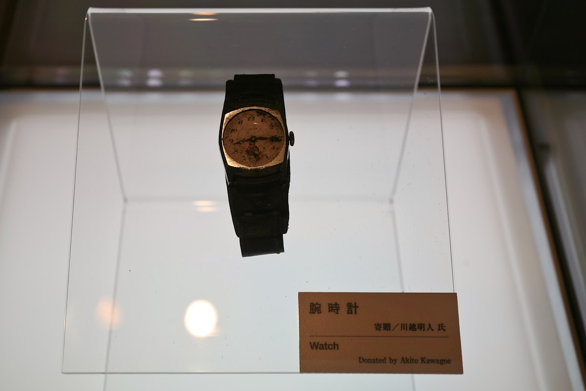 A watch belonging to Akito Kawagoe which stopped at 8:15, the exact time of the Hiroshima bombing in 1945