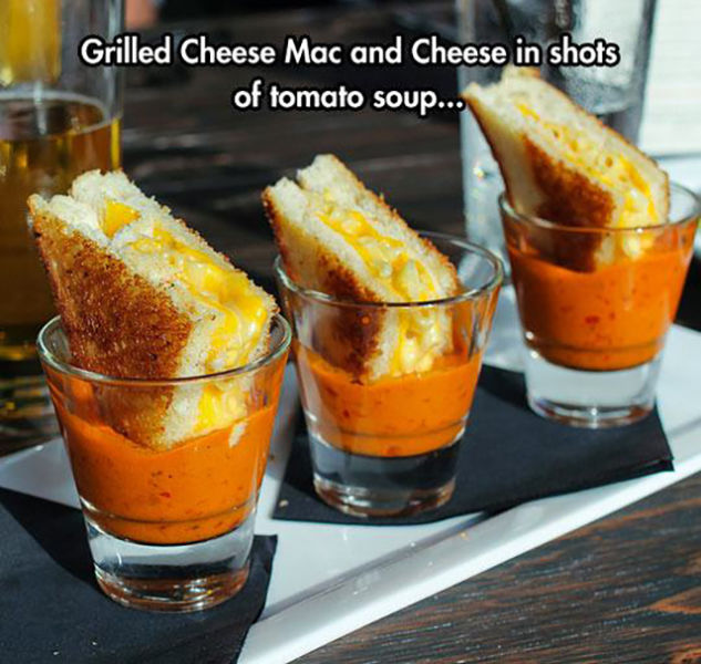 wtf mac n cheese shots - Grilled Cheese Mac and Cheese in shots of tomato soup...