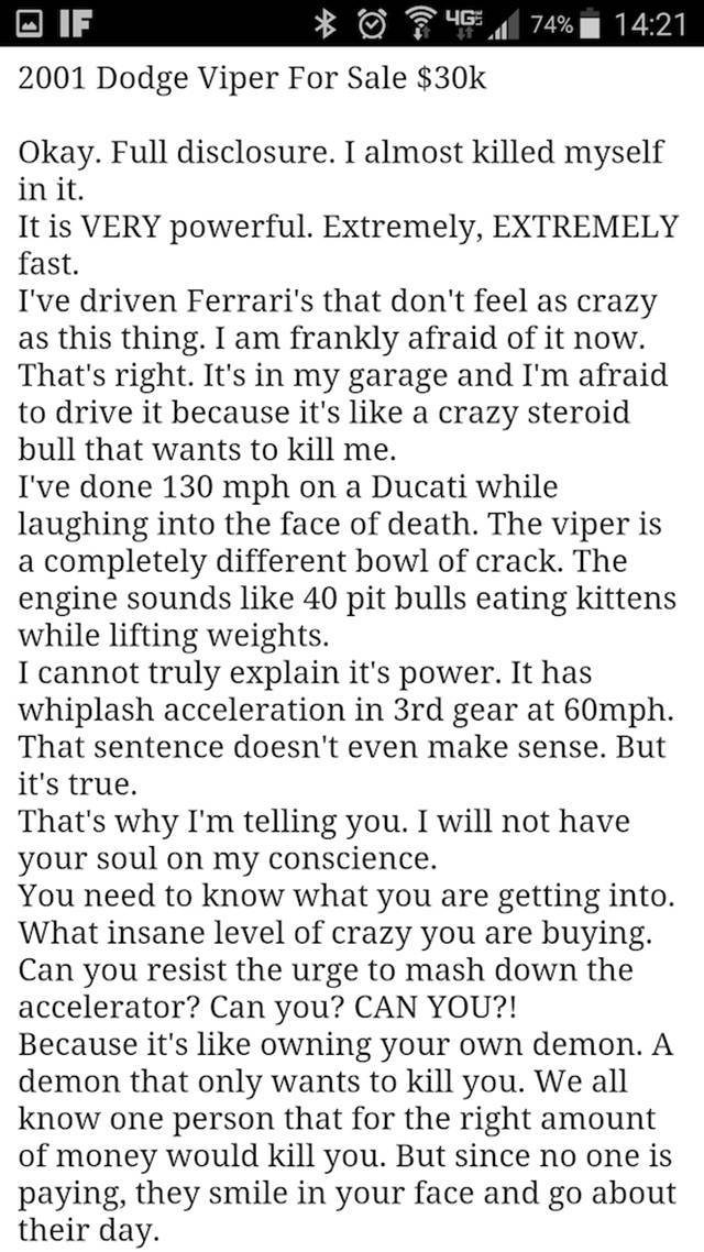 Craigslist Seller Implores People Not To Buy His Viper