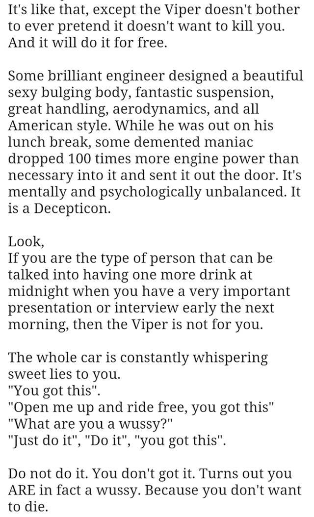 Craigslist Seller Implores People Not To Buy His Viper