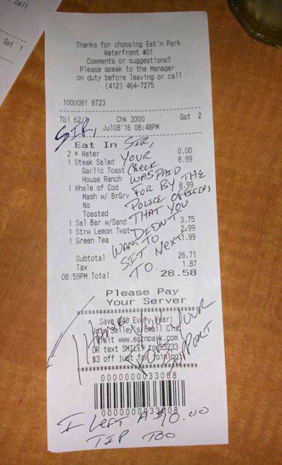...paying for the couple's dinner. He said that with this act he wanted to remind people that the police is not there to hurt anyone, but to help and protect.