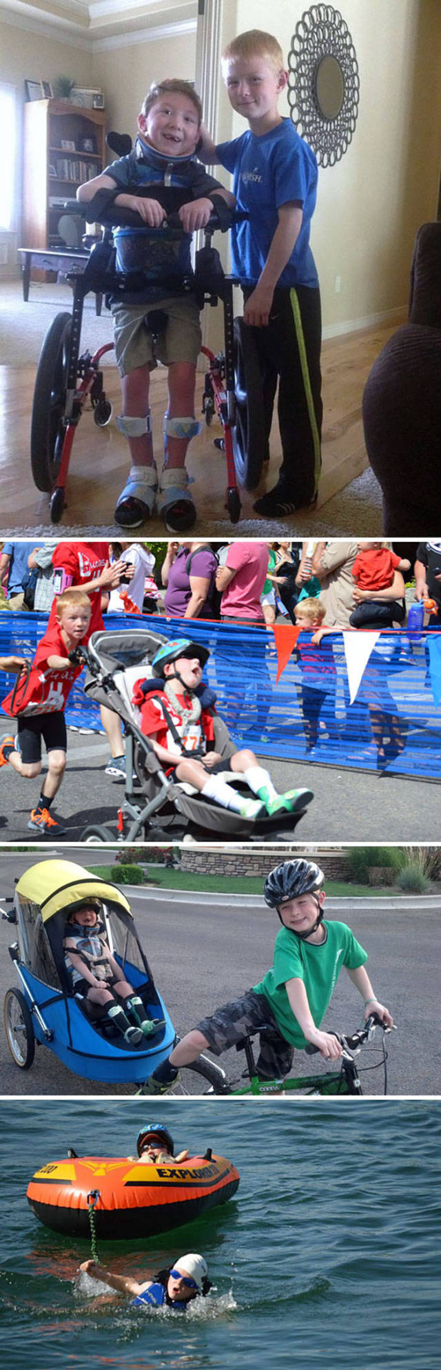 8-year-old Noah completes mini-triathlon with his disabled brother Lucas.
