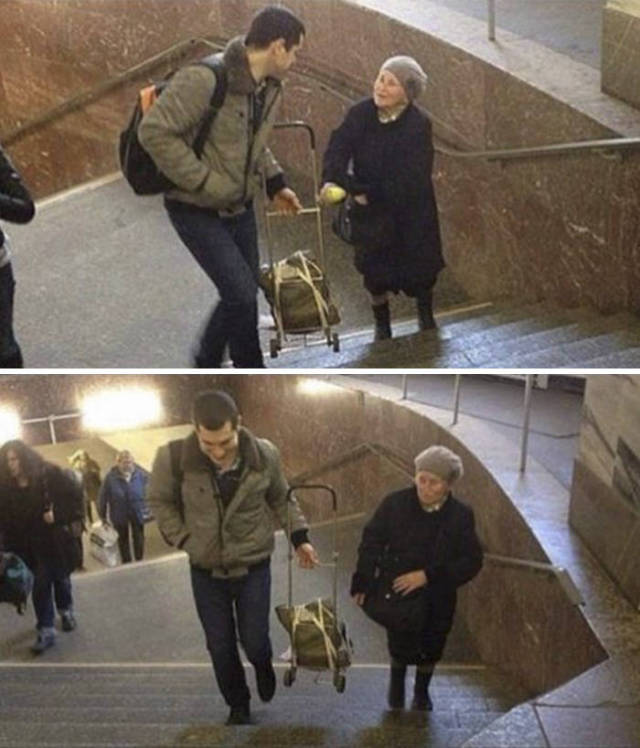 A man casually helping a woman with her luggage.