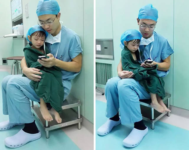 Heart Surgeon calms weeping 2-year-old girl before heart operation.