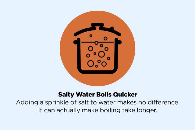 random facts that aren t true - Salty Water Boils Quicker Adding a sprinkle of salt to water makes no difference. It can actually make boiling take longer. Adding a sprinkle of salt to water makes no diffe