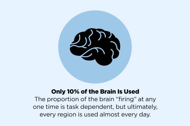 brain - Only 10% of the Brain Is Used The proportion of the brain "firing" at any one time is task dependent, but ultimately, every region is used almost every day.