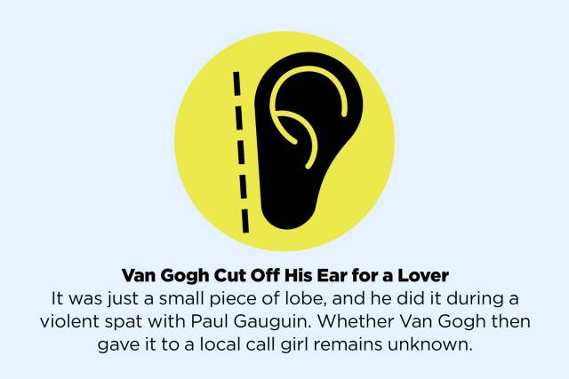 false facts - Van Gogh Cut Off His Ear for a Lover It was just a small piece of lobe, and he did it during a violent spat with Paul Gauguin. Whether Van Gogh then gave it to a local call girl remains unknown.