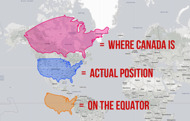 Firstly, you can see how the size of the US drastically changes as you move it north or south.
Some countries are significantly larger than they should be thanks to the Mercator projection, while others – anything near the equator – are definitely getting a bum deal. The US falls somewhere in the middle.
On a standard map it’s dwarfed by Canada, but here you can see that moving it to where Canada is located makes it seem even more prominent than it already is.
Note: This post will frequently use the USA as shorthand for the 48 contiguous states. We love Hawaii and Alaska, honest – it’s just easier to fit things in this way. Alaska is HUGE. Or is it…