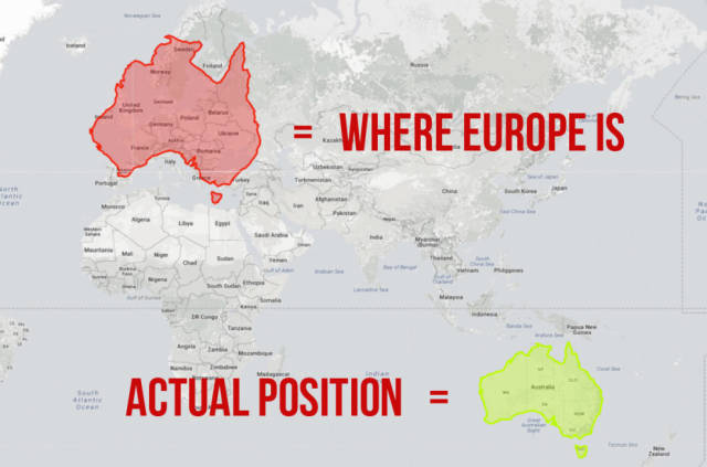 People often forget how big Australia is because it’s so far away from other land masses. Here’s what happens when you move it over Europe.
Yep, it pretty much covers the whole of the continent. Struth!