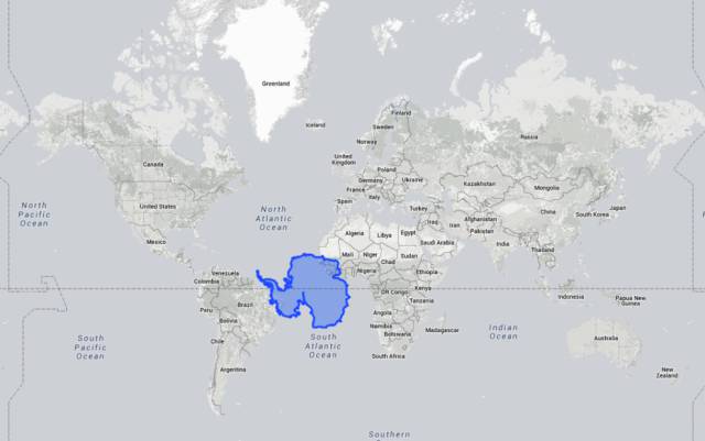 Now onto a continent that usually takes up the whole of the bottom of a map – Antarctica.
The Mercator projection really goes to shit when it comes to land masses that cover the poles. It’s usually impossible to tell how big Antarctica really is just from looking at a map, but using this tool we can see it’s roughly the size of western Africa. So now you know.