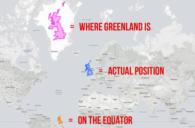 But because it’s so far north, the UK also benefits from the shortcomings of the Mercator projection.
If Britain were on the equator it would be absolutely tiny. But at least the weather would be tolerable…