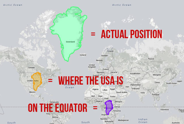 Greenland is arguably the place that is most blatantly taking the piss.
On the equator it would be a similar size to many central African countries, and though it’s still big compared with the US, it’s not quite as terrifying as it once was.