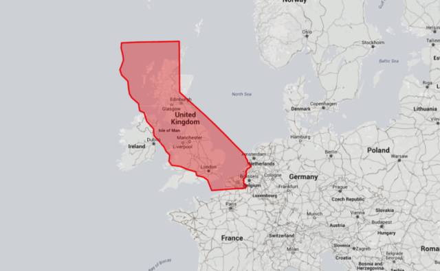 Overlaying California on top of the UK, you get a sense of just how tiny we really are.
Or, perhaps, how much we (try to) punch above our weight?