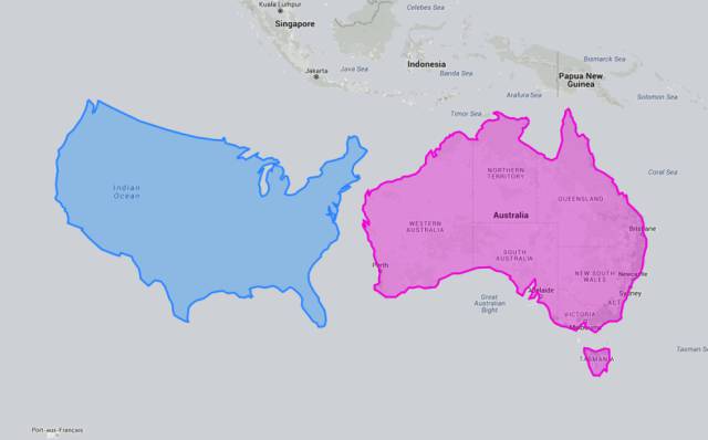 Things really get crazy when you move the US (minus Alaska and Hawaii) down under.