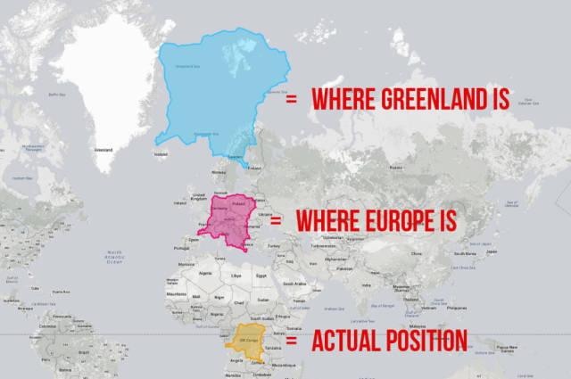 Being so close to the equator, Africa gets mightily screwed by the Mercator projection. Here’s what happens to the Democratic Republic of the Congo as you move it north.