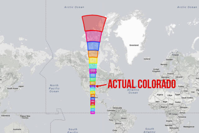 Staying with the States, a Reddit user had the great idea of seeing what would happen to a rectangular state, such as Colorado, as you move it north from the equator.