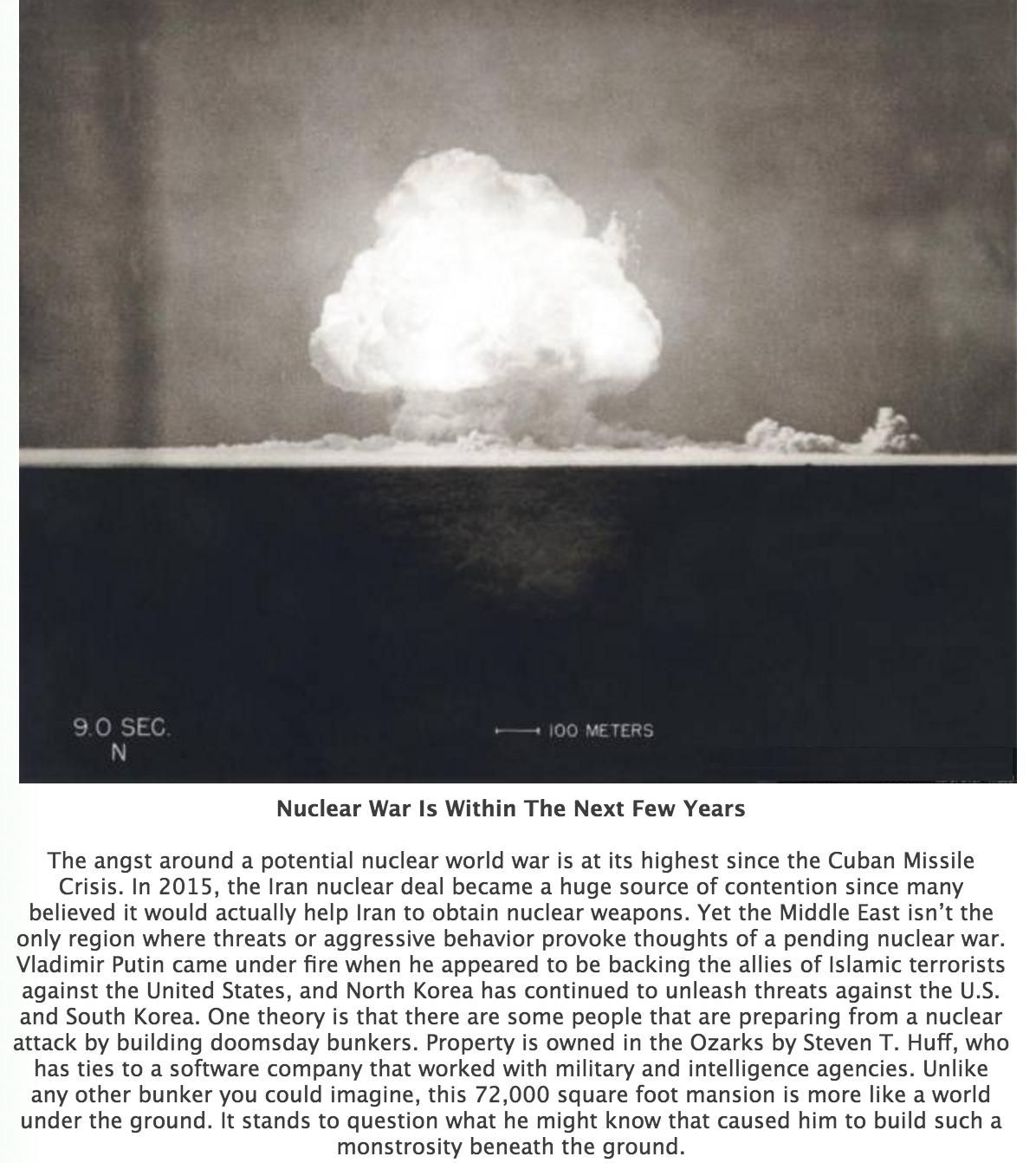 cloud - 9.0 Sec 100 Meters Nuclear War Is Within The Next Few Years The angst around a potential nuclear world war is at its highest since the Cuban Missile Crisis. In 2015, the Iran nuclear deal became a huge source of contention since many believed it w