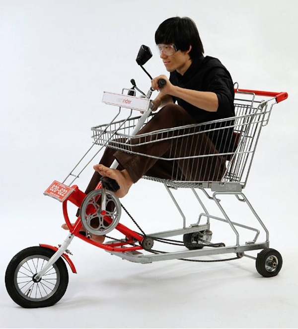 A SUPERMARKET TROLLEY WITH PEDALS: Tired of pushing the cart at the supermarket? Now try this new idea. It looks fun!