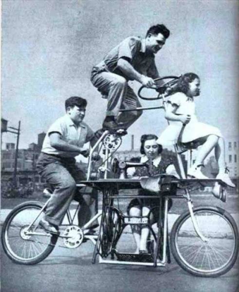 The GoofyBike. This is what, according to Charles Steinlauf of Chicago, a family bicycle is supposed to look like. So basically, no one is going anywhere without a sewing machine.