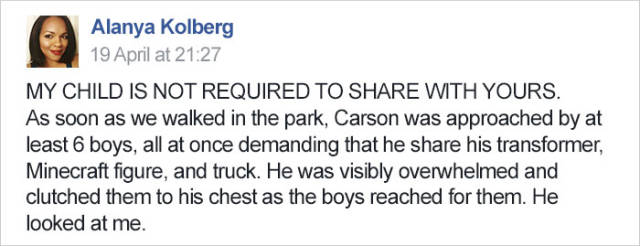 After an experience at the park with her son Carson, this mom took to Facebook with a message to other parents