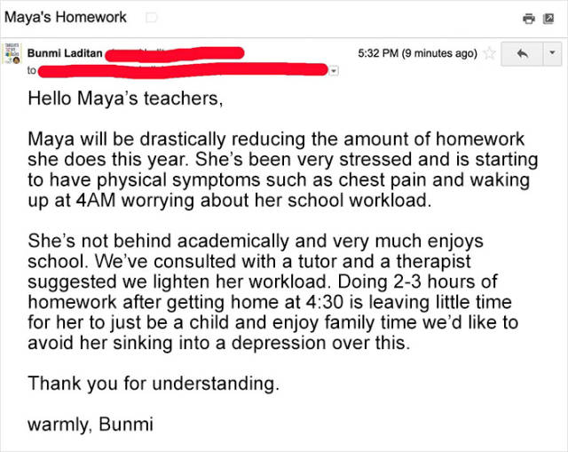“My kid is done with homework. I just sent an email to her school letting her know she’s all done.”