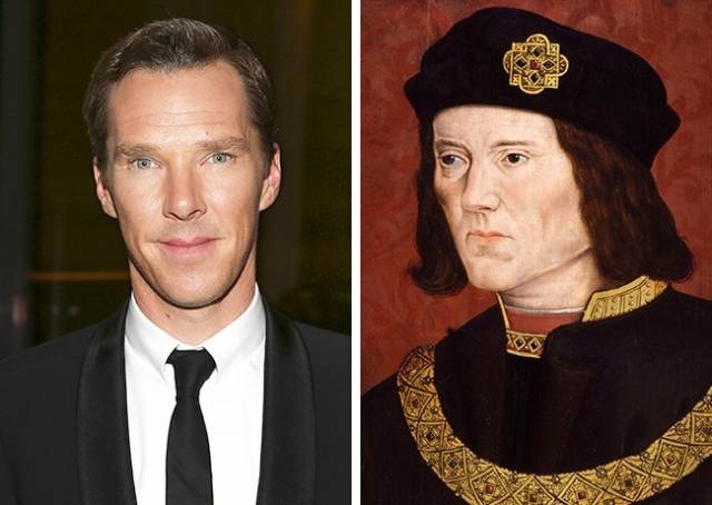 Benedict Cumberbatch and Richard III of England: Benedict is a descendant of Richard III — the last of the House of Plantagenets, written about by Shakespeare. Coincidence or not, but Cumberbatch portrays none other than King Richard in the TV series The Hollow Crown: The Wars of the Roses. We wonder what it feels like to don the robes of your great ancestor?