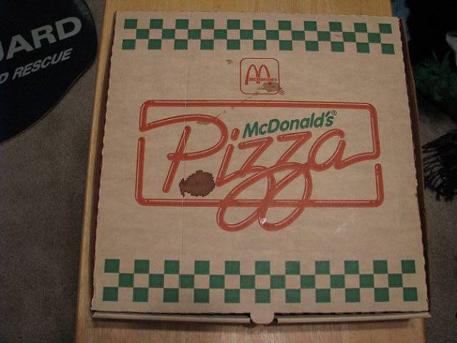 McDonalds used to sell pizza.
Once upon a time in the 1980’s, McDonald’s experimented with selling pizza. It failed, of course, because cooking a pizza takes way longer than grilling a hamburger. Though, apparently, pizza is still available in Ohio and West Virginia. Road trip, anyone?