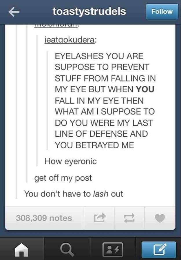 tumblr - betrayal puns - toastystrudels Tutte ieatgokudera Eyelashes You Are Suppose To Prevent Stuff From Falling In My Eye But When You Fall In My Eye Then What Am I Suppose To Do You Were My Last Line Of Defense And You Betrayed Me How eyeronic get off