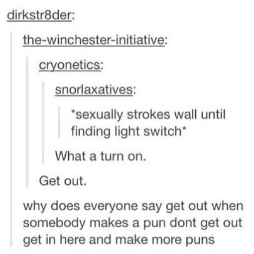tumblr - text post puns - dirkstr8der thewinchesterinitiative cryonetics snorlaxatives sexually strokes wall until finding light switch What a turn on. Get out. why does everyone say get out when somebody makes a pun dont get out get in here and make more