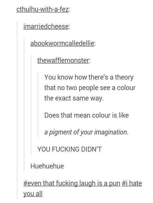 tumblr - bad puns - cthulhuwithafez imarriedcheese abookwormcalledellie thewafflemonster You know how there's a theory that no two people see a colour the exact same way. Does that mean colour is a pigment of your imagination. You Fucking Didn'T Huehuehue