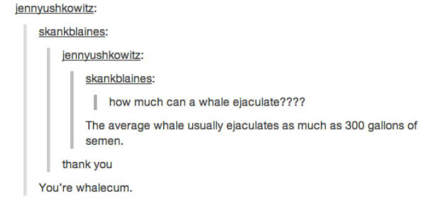 tumblr - best tumblr puns - jennyushkowitz skankblaines jennyushkowitz skankblaines how much can a whale ejaculate???? The average whale usually ejaculates as much as 300 gallons of semen. thank you You're whalecum.