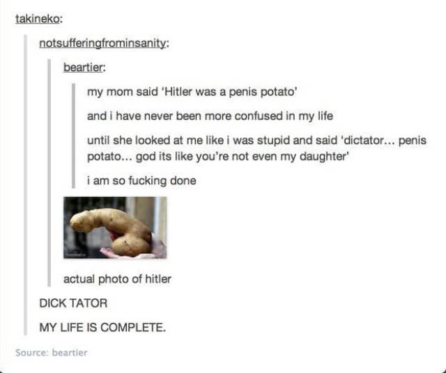 tumblr - penis potato - takineko notsufferingfrominsanity beartier my mom said 'Hitler was a penis potato and i have never been more confused in my life until she looked at me i was stupid and said 'dictator... penis potato... god its you're not even my d