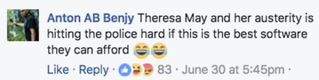 Anton Benjy making funny joke that Theresa May's austerity is hitting the police software they can afford.