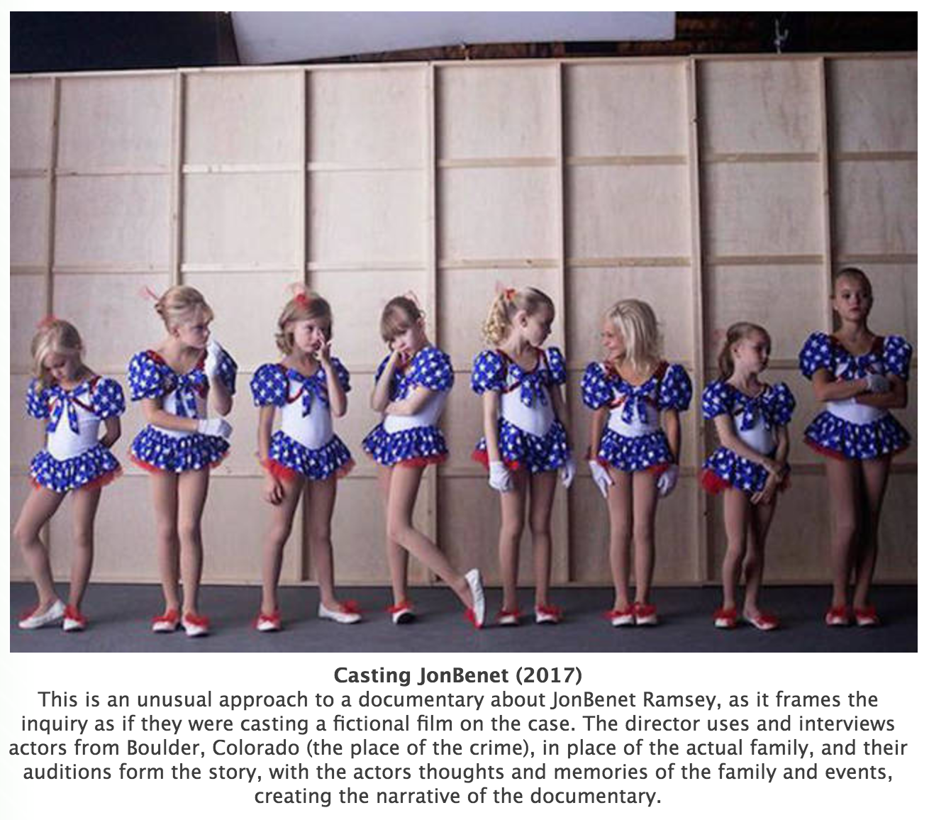 casting jonbenet - Casting JonBenet 2017 This is an unusual approach to a documentary about JonBenet Ramsey, as it frames the inquiry as if they were casting a fictional film on the case. The director uses and inte actors from Boulder, Colorado the place 