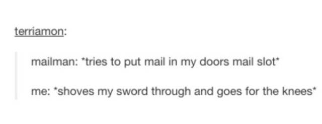 tumblr - document - terriamon mailman "tries to put mail in my doors mail slot me shoves my sword through and goes for the knees