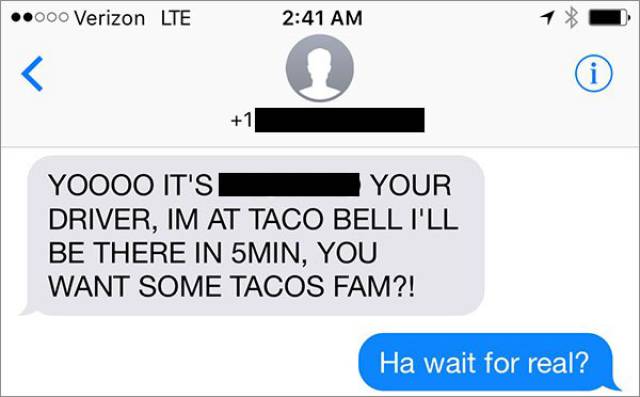 Uber driver DM's drunk guy who is his ride, asks if he wants some Taco Bell