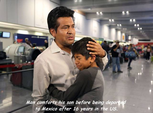 Deportation - Man comforts his son before being deported to Mexico after 16 years in the Us.