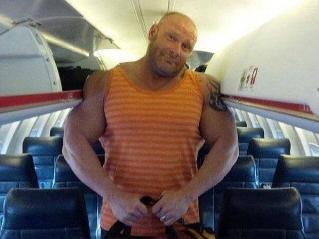 bad luck bodybuilder on plane