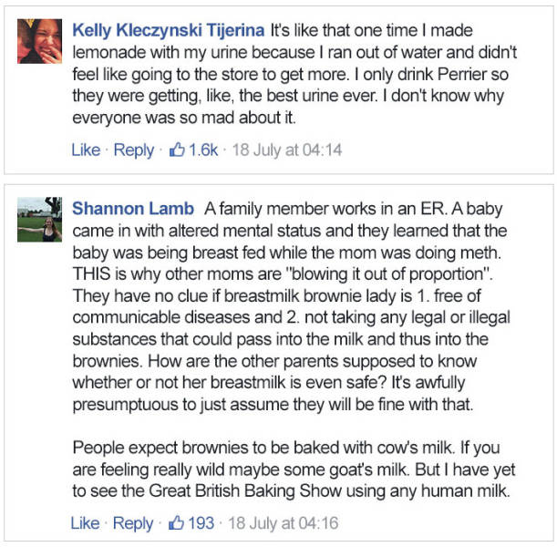 People giving medical opinions of why it is wrong to give breastmilk to non suspecting brownie eaters.