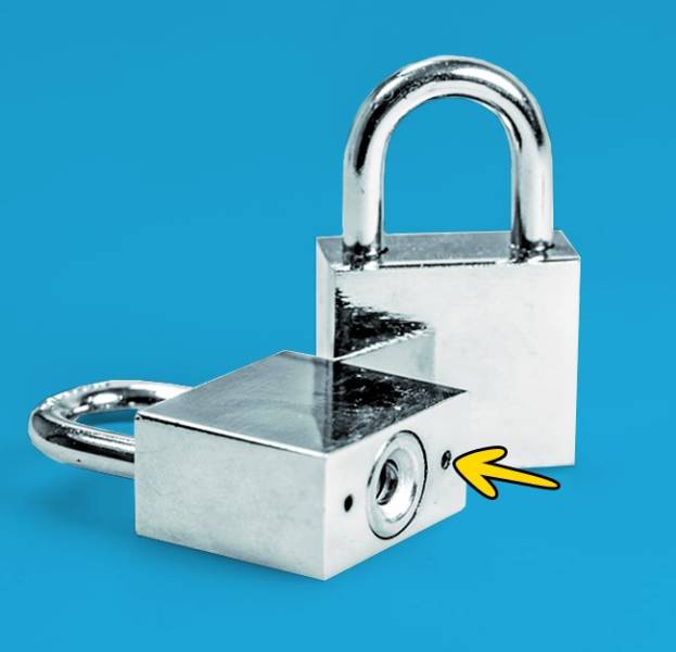 Holes in padlocks - Padlocks are often used to lock doors and gates outside, so they quickly get out of order because of rain. When that happens, some simply buy a new lock. Few people know the purpose of the small hole in the bottom: it is made for pouring engine oil inside. After this simple procedure, the key will again turn in the lock without any difficulty.