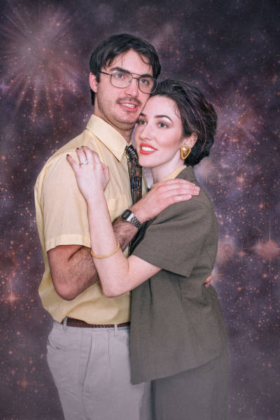 After some time in a thrift store, two nights of a fun photoshoot and some photoshop magic, our 80s themed engagement photos were born.