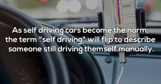 car - As self driving cars become the norm, the term "self driving" will flip to describe someone still driving themself manually.