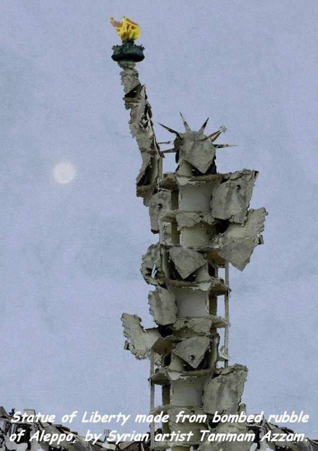 statue of liberty syrian artist - Statue of Liberty made from bombed rubble of Aleppo, by Syrian artist Tammam Azzam