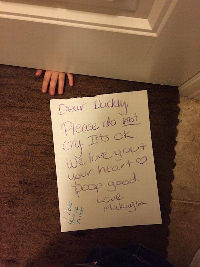 handwriting - Dear Daddy, Please do not cry. Its ok. We love your your heart poop good. Love, ver I Love you so Makayla Much