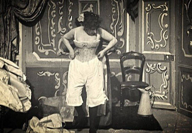 First on-screen stripping" Just one year after the public debut of a projected motion picture in Paris in 1895, somebody was using the technology to make softcore porn. “Le coucher de la mariée,” or “Bedtime for the Bride,” was a seven-minute short film that showed a couple of newlyweds in their honeymoon suite. The climax of the film, so to speak, involved the female newlywed removing her jacket, dress, underskirts, and blouse. She doesn’t get fully nude, but she gets pretty close.
