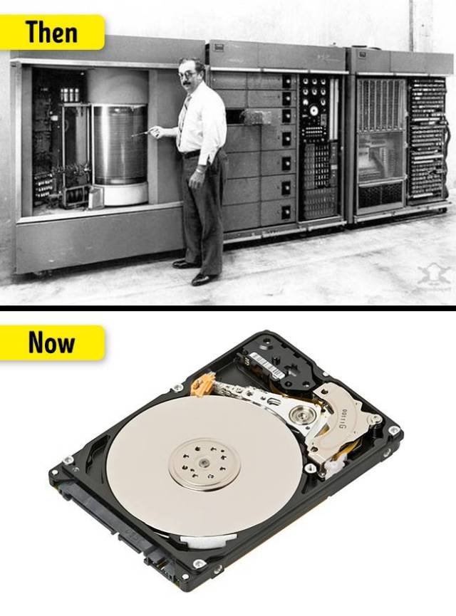 Hard drive: 60 years ago, the first hard drive was presented to the public. It weighed over 14 lbs and had only 5 MB of memory. Today even the simplest cell phones, which weigh about a dozen ounces, can store 10 times more data!
