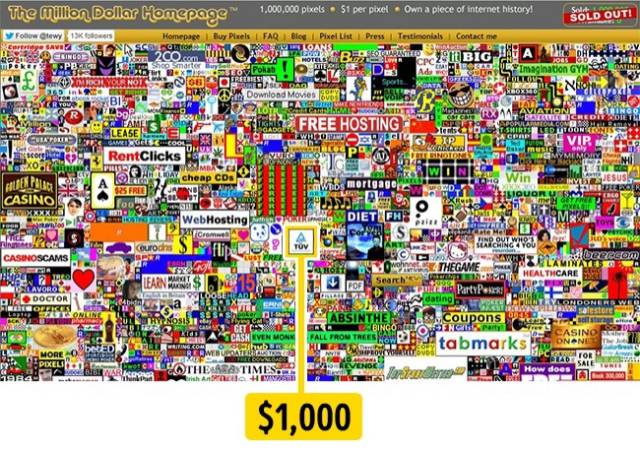 The Million Dollar Homepage: In 2005, an English student named Alex Tew decided to earn money for his education. He launched a website, each pixel of which cost $1. Anyone could buy a section of the site and post a link to their Web page. In less than 6 months Alex earned more than $1 million.