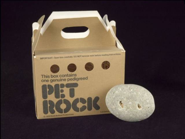 1975: The Pet Rock - Yup, this gimmicky collectible was a huge success after creator Gary Dahl came up with it. The smooth stone was marketed as the perfect pet, because it took minimal effort to take care of — you literally had to do nothing. Though the fad ended pretty quickly, Dahl's simple idea made him a millionaire.