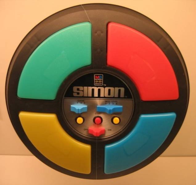 1978: Simon - The Simon electronic game challenged your memory to do what Simon said. The four colored buttons each lit up and made a noise when activated. You had to repeat the series as it went along, got harder and faster until you messed up, and then the game was over.