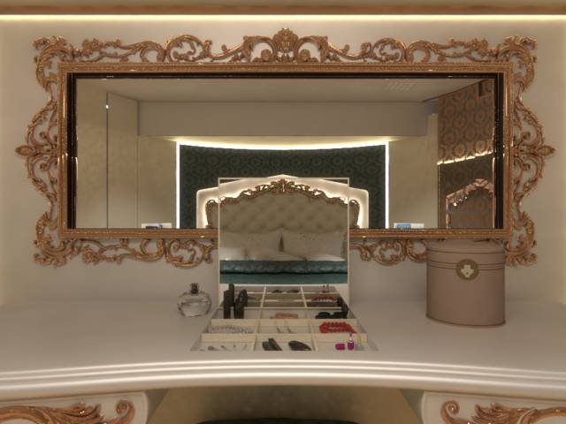 This gorgeous vanity in the master bedroom has plenty of storage and space for getting ready.